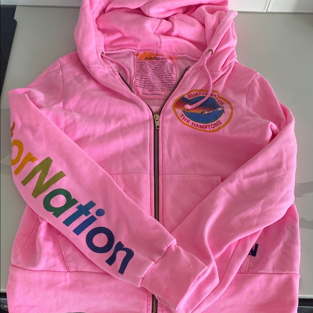 Aviator Nation Pink Zip-Up Hoodie with Multicolor Logo - the hamptons - small